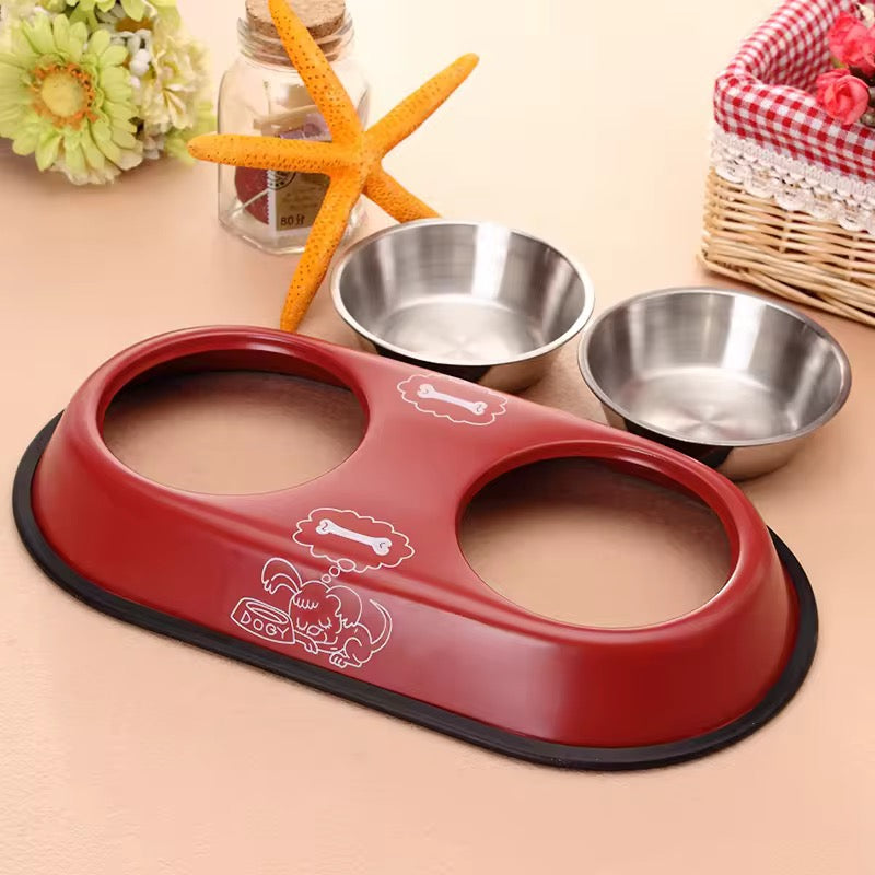2-in-1 Anti-Skid Double Stainless Steel Dog Feeding Bowl – Food & Water Bowl Set